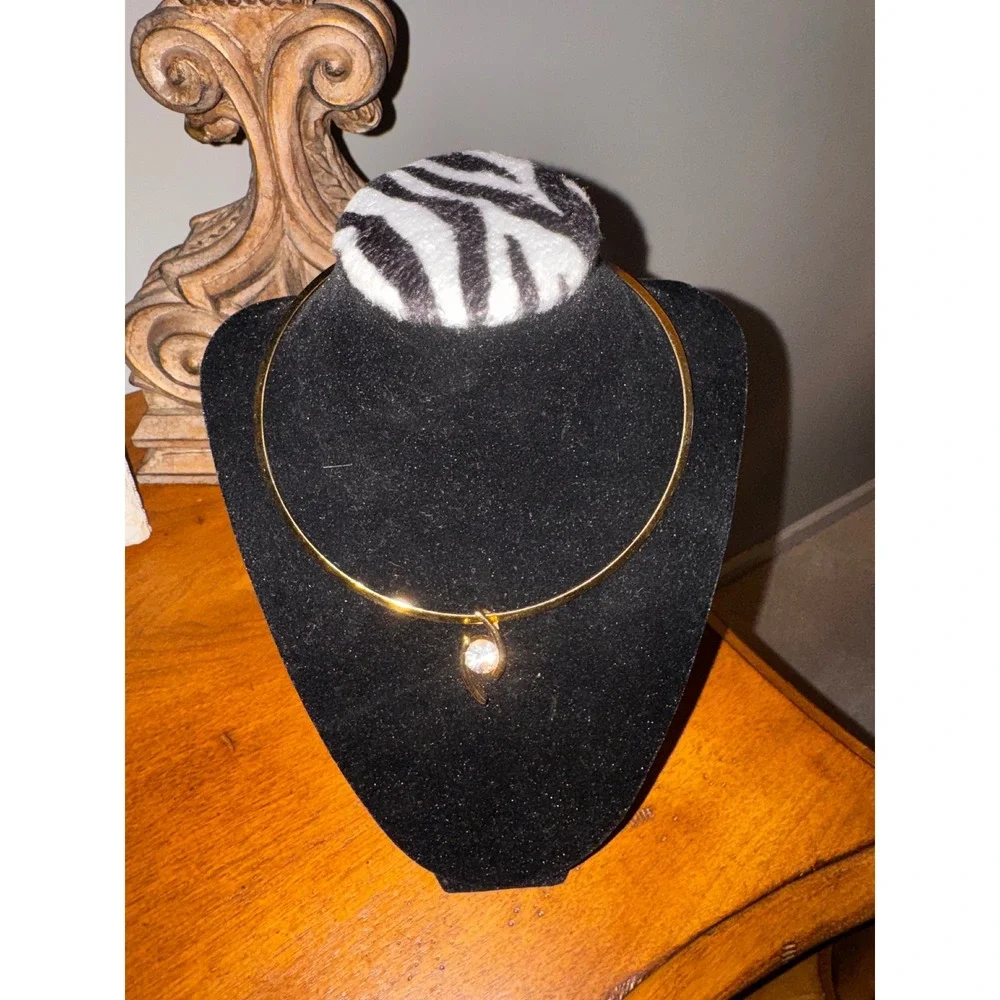 Gold Tone Torque Collar Choker Necklace with Swirl Crystal Slider‎ Pendant
